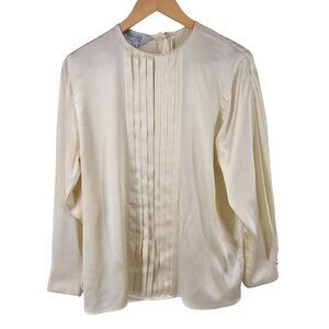 Nordstrom‎ 100% Silk Ivory Blouse Gold Button Pleated Front Size 10